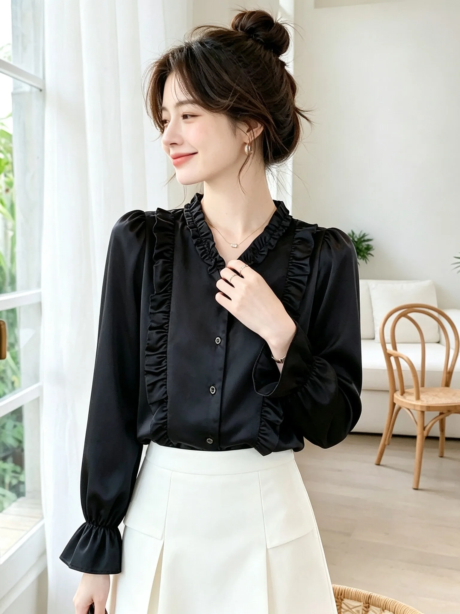 Elegant Luxury Long Sleeve V-Neck Women's Shirt Floral Lace Trim Autumn Style Straight Cut Satin Fabric French Style Top
