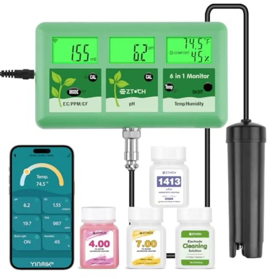 

pH EC Continuous Monitor for Hydroponic 6 in 1 WiFi EC PPM CF pH Meter Digital pH TDS Temp Humidity Conductivity Monitor for DW