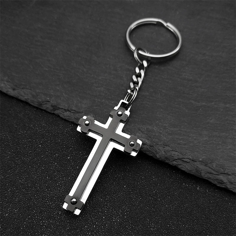 Delicate Faith Jesus Cross Pendant Key Chains for Men Women Black Silver Color Stainless Steel Key Ring Amulet Jewelry Gift ﻿