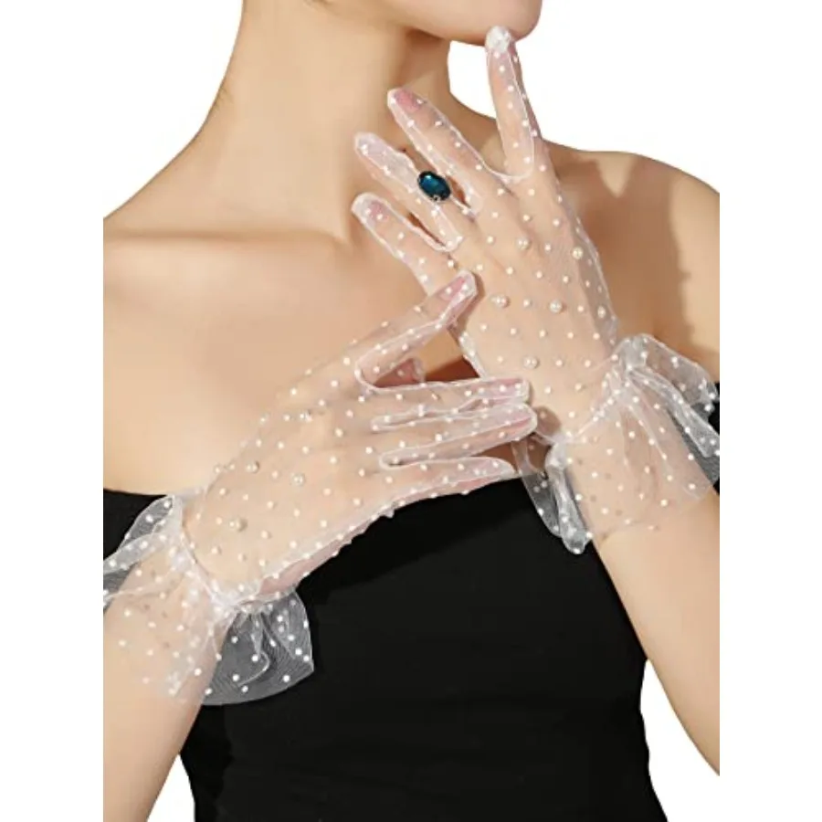 OYOANGLE Women's Polka Dots Pearls Sheer Mesh Tea Party Gloves Ruffle Trim Bridal Gloves