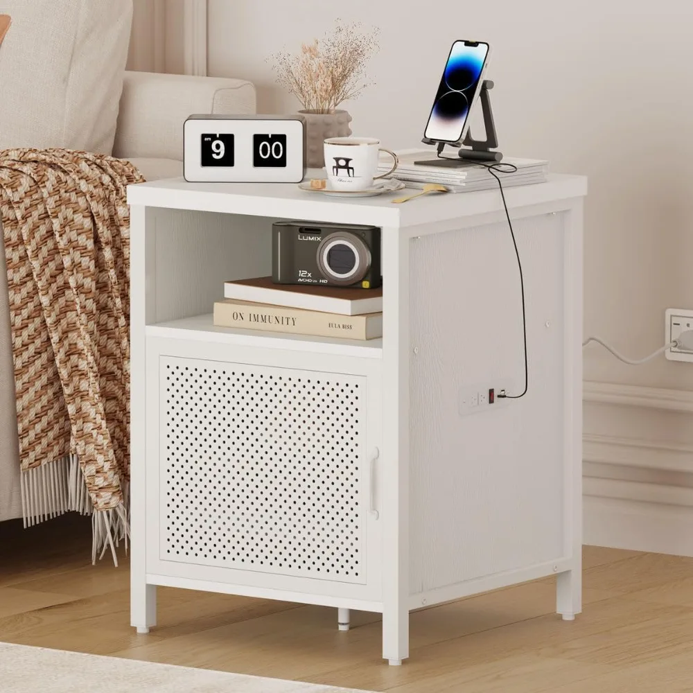 

Nightstand with Charging Station, Rustic End Tables with Storage, Modern Bedside Table, Nightstand