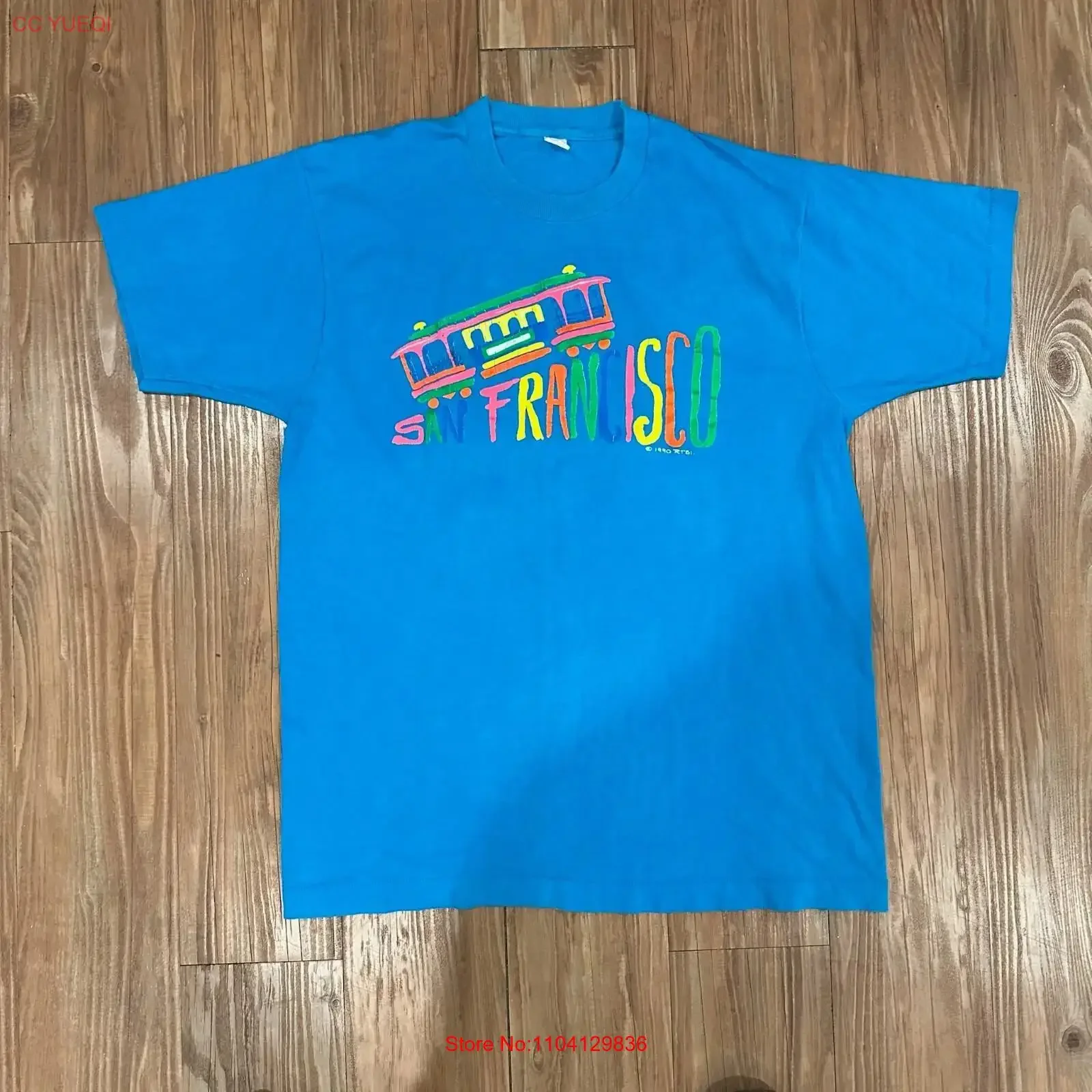 Camiseta Vintage de San Francisco, Talla Grande, Azul Neón, Diseño de Trolley, Costa Oeste, Turismo, Vacaciones, Estilo Vintage Lavado, para Uso Diario, Elegante