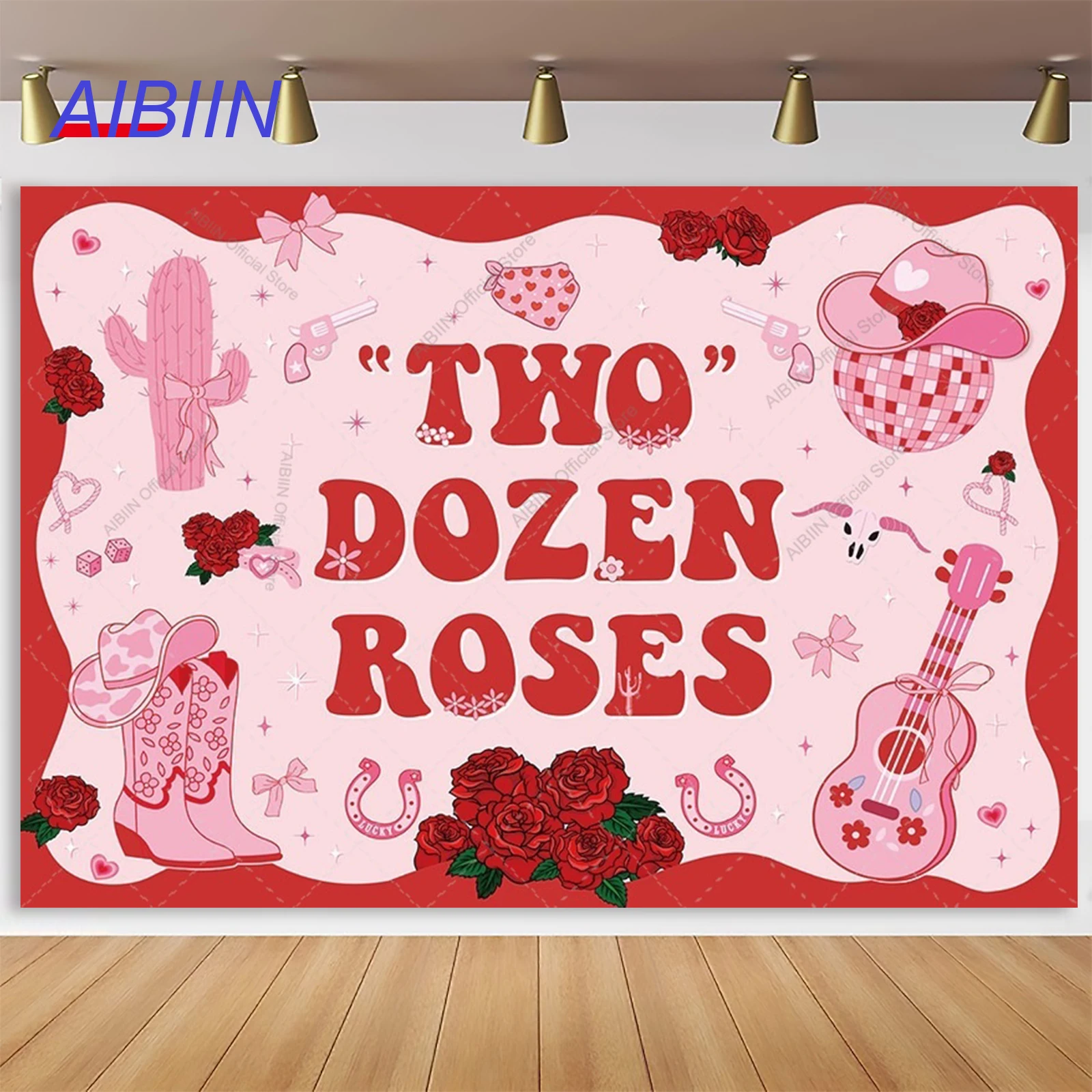 Fondo de fotografía de dos docenas de rosas, con diseño floral rojo, botas de cactus rosas, estilo vaquero del oeste, para fiesta de cumpleaños de niña de 2 años, decoración para pastel