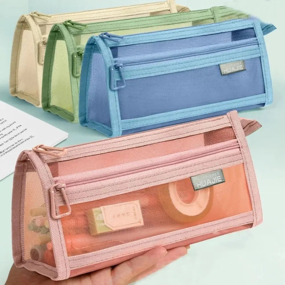Double Layer Mesh Pen Bag Transparent Multifunctional Transparent Pencil Case Large Capacity Zipper Stationery Storage Bag