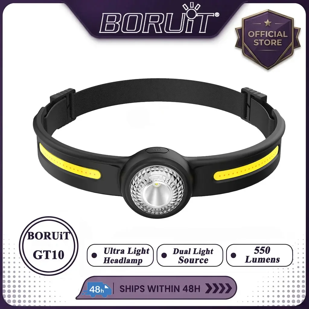 BORUiT GT10 Mini Headlamp 550LM Ultra Light Silicone Headband IPX4 Waterproof Dual Light Source Type-C Rechargeable Power Torch