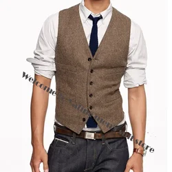 Bristish Groom Vests Brown Wool Herringbone Tweed Groomsmen Vest Mens Suit Prom Wedding Waistcoat Dress Plus Size In Stock