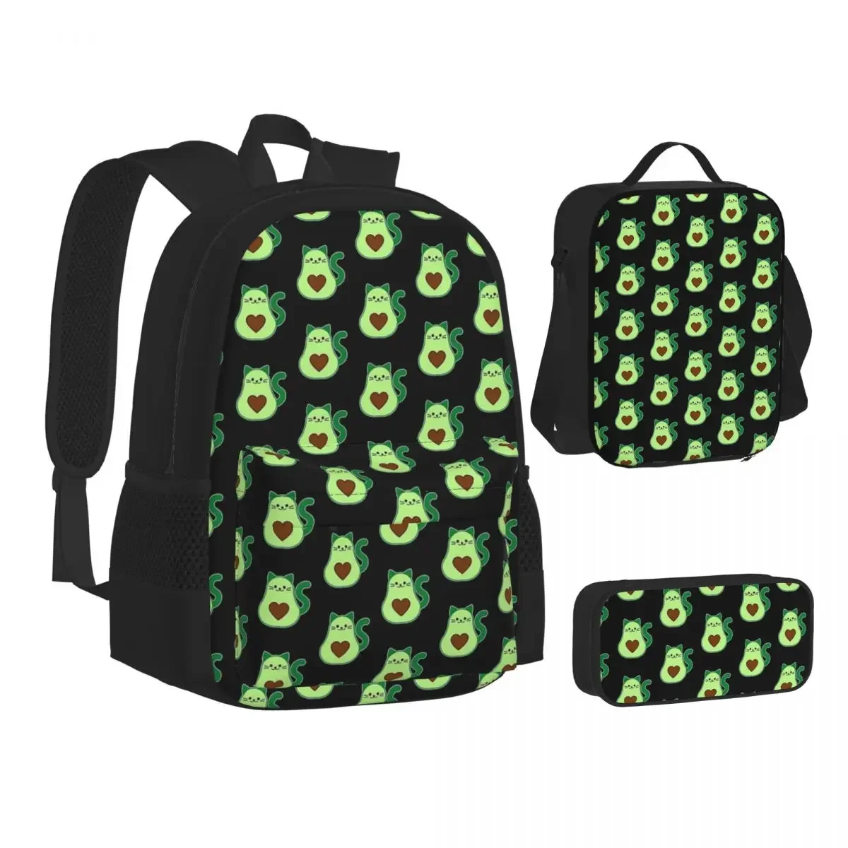 Avocado Cat - Avogato- Avocato - Avocado Lover Cat Lover Backpack Bookbag Children School Bag Lunch Bag Pen Bag Three-Piece Set