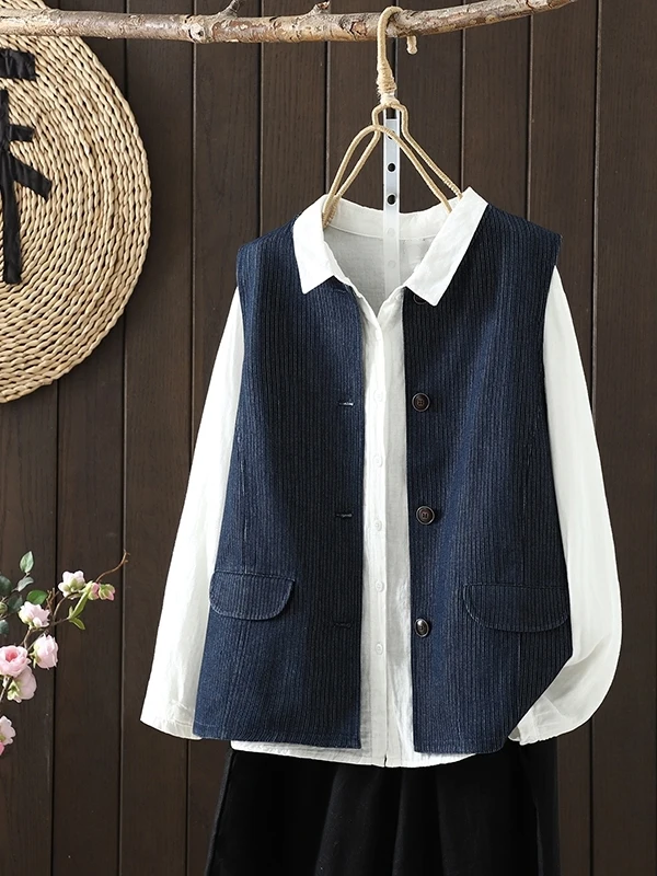 

Retro Blue Denim Vest Large Size Women's Casual Layering Svel Versatile Top Buttoned Loose Fit Cotton Cardigan Sle