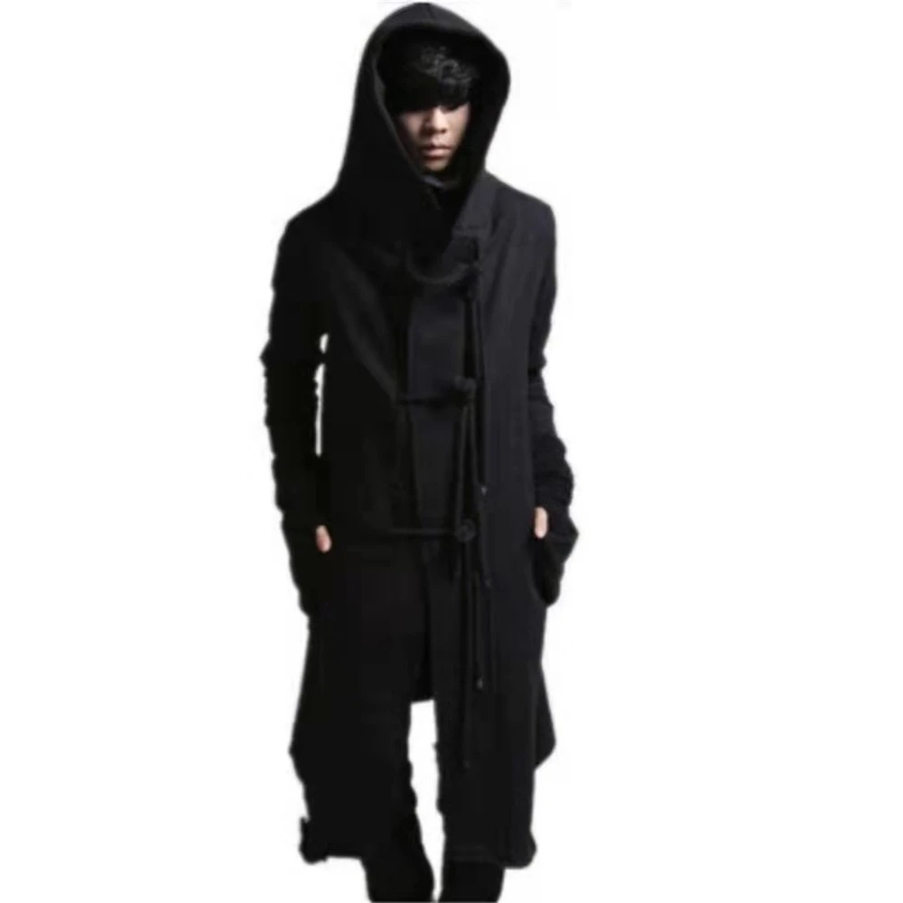 Autumn Winter Men Punk Hip Hop Slim Fit Long Trench Coat Hooded Cloak Cardigan Mens Linen Rope Design Gothic Jackets Outerwear