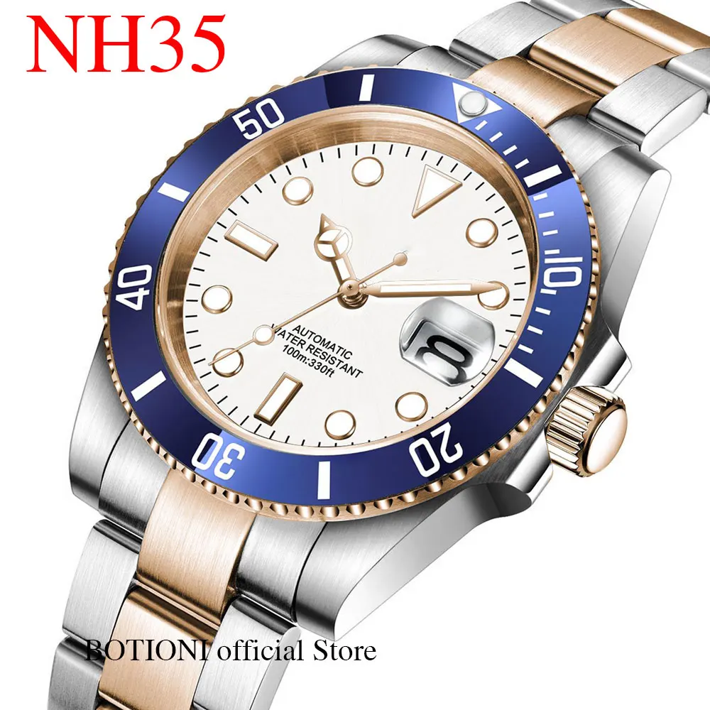 

BOTIONI White Mechanical Men's Watch 21 Jewels MIYOTA 8215 NH35 Two Tone Rose Gold Oyster Water Resistant Strap Ceramic Insert