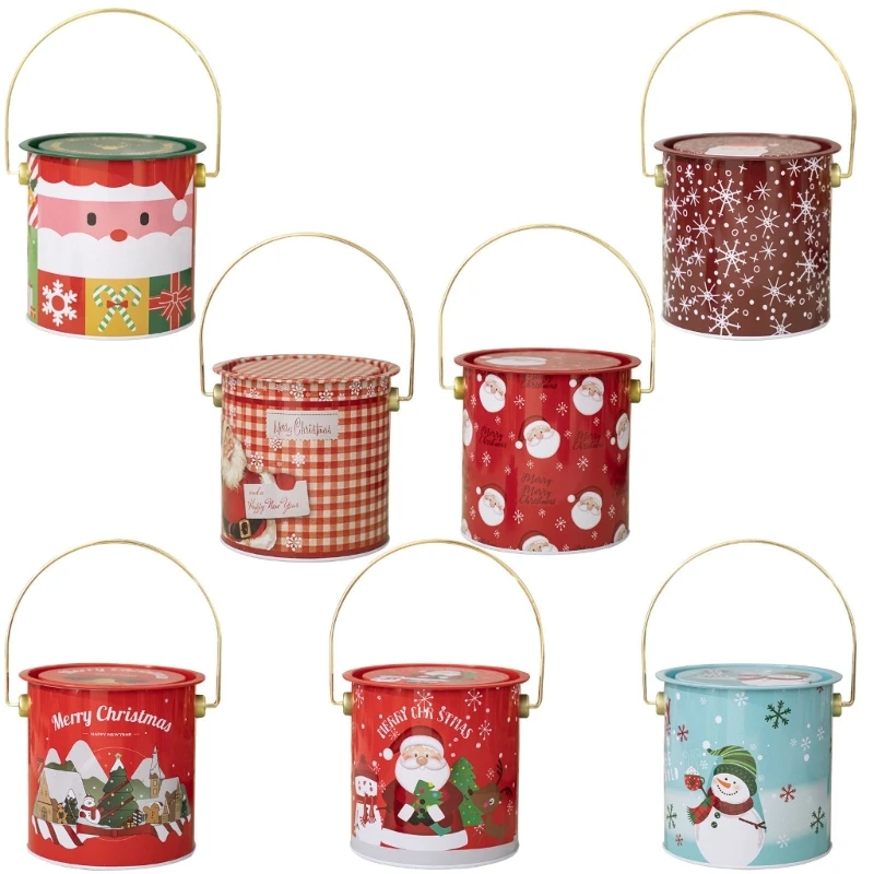 

2pcs Decorative Christmas Candy Boxes Tinplate Handheld Round Bucket with Handle New Dropship