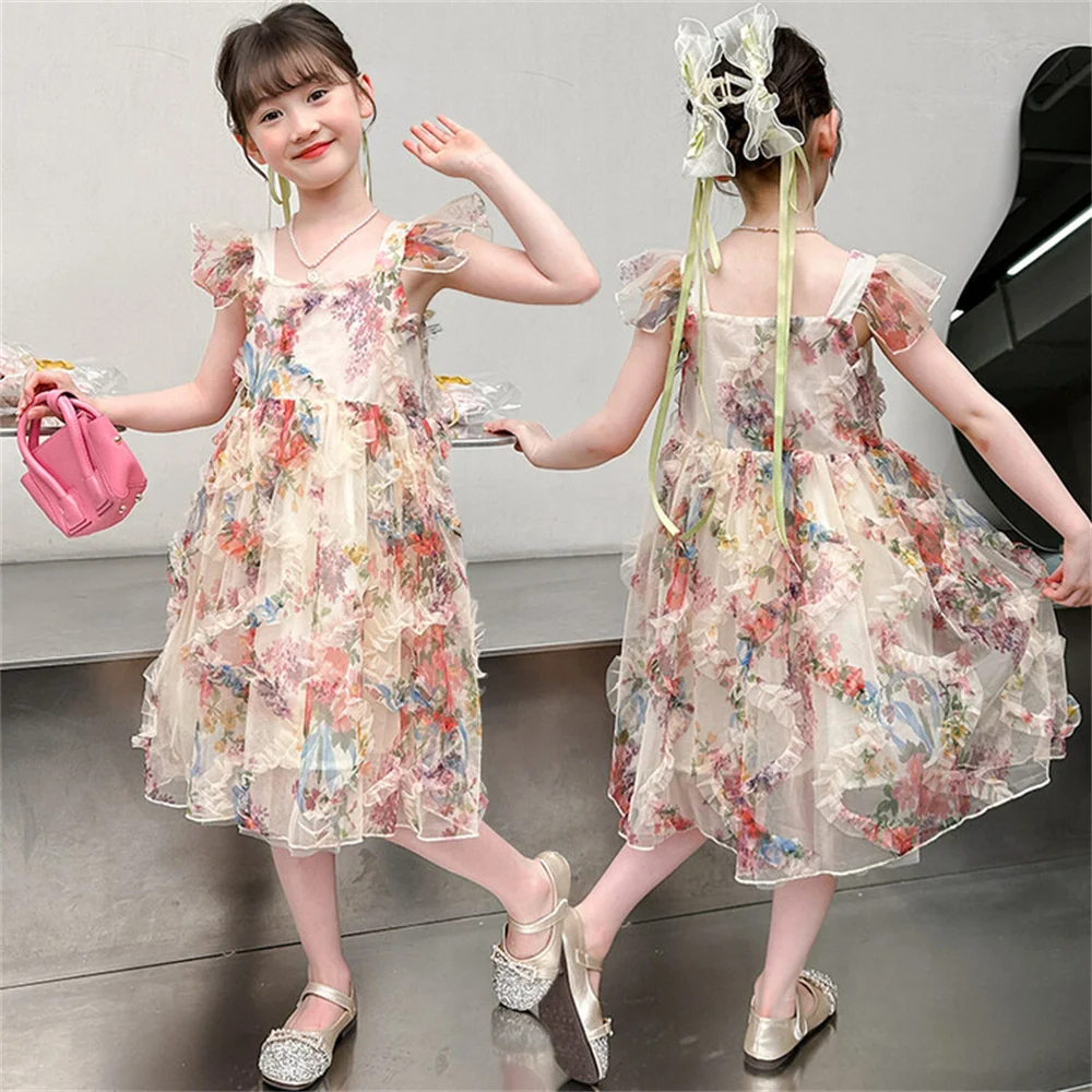 

Camisole Skirt Beautiful Flower Chiffon Dress Girl's Fluffy Skirt Lace Mesh Dress Summer Baby Princess Skirt 24031