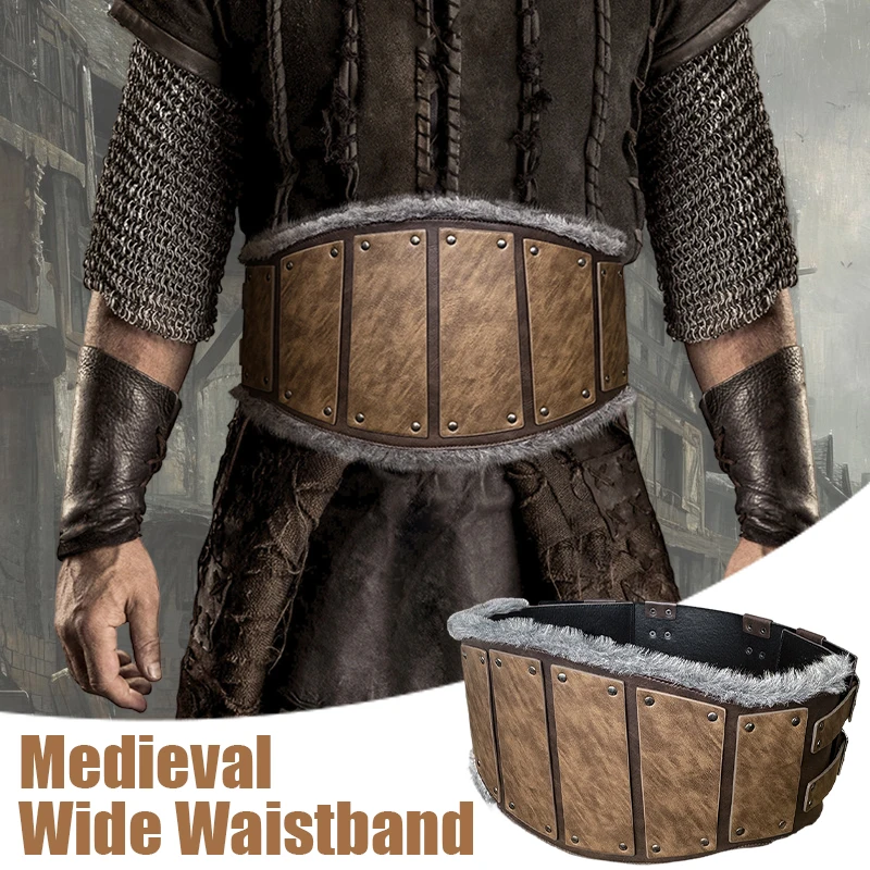 Medieval Knight Wide Waist Belt Faux Leather Furry Fur Wristbands Retro Men Viking Knight Corset Pirate Armors Cosplay Props