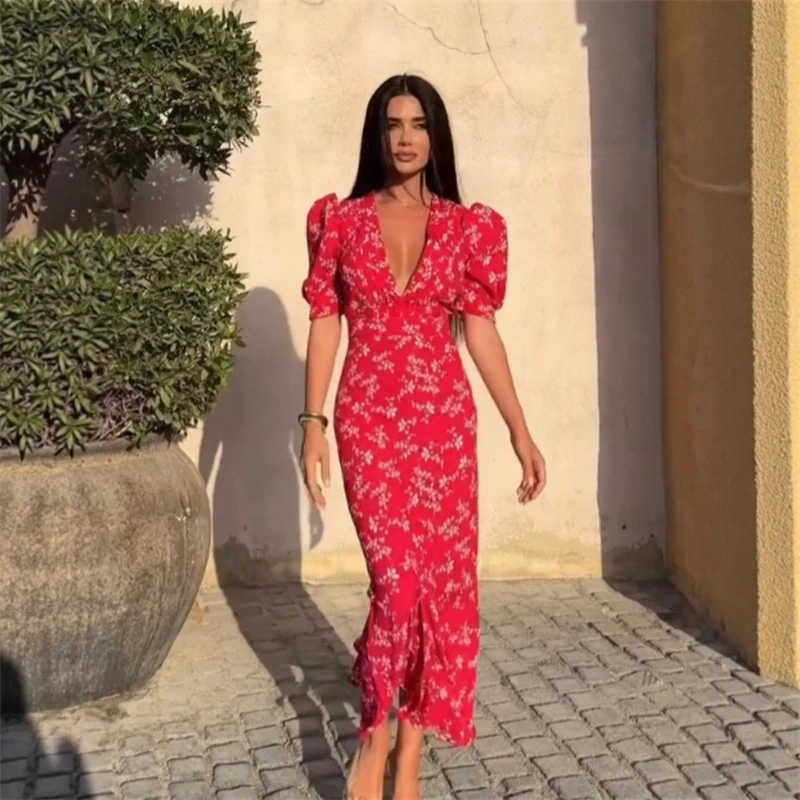 

2025 Summer Cross border Amazon New French Hepburn Style V-neck Bubble Sleeve Printed Waist Fashion Dress for Women's Clothing