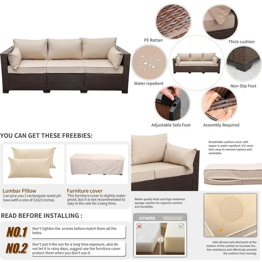 3-местный уличный коричневый диван из ротанга с глубокими сидениями, полиэтиленовый плетеный, нескользящая бежевая подушка для мебели для патио