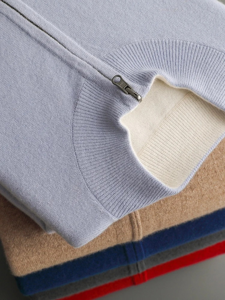 عالية الجودة الرجال خريف شتاء سميكة سترة الكشمير وهمية الرقبة سستة سترة 100% الكشمير تريكو الذكية ملابس دافئة غير رسمية