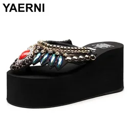 YAERNI Platform Slippers Flip-Flops Women Wedge Rhinestone Beach Super High Heel 11CM Slippers For Women Bohemian ShoesPlus Size