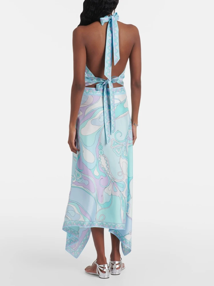 Casual Print Vacation Women'S Outfits Elegant Satin Beach Sets Vintage Lace Up Backless Halter Tops&Irregular Half Skirt 2 Piece image 2