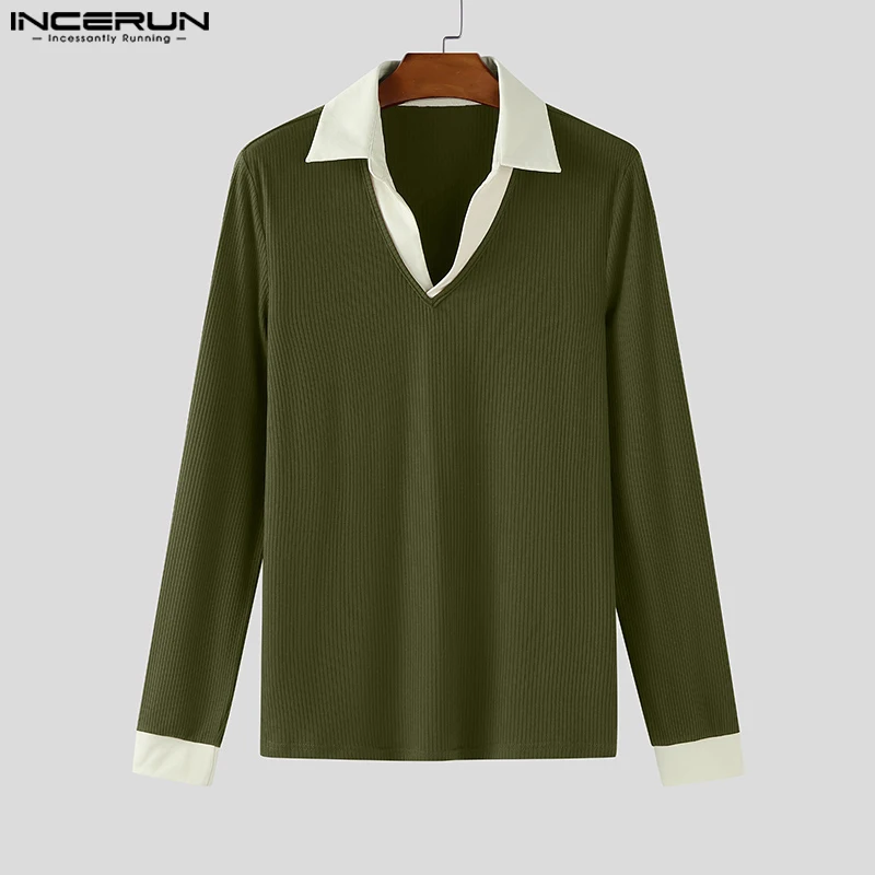 

INCERUN Men Shirt Patchwork Knitted Lapel Long Sleeve Casual Men Clothing Streetwear 2025 Fashion Leisure Camisas Shirts S-5XL