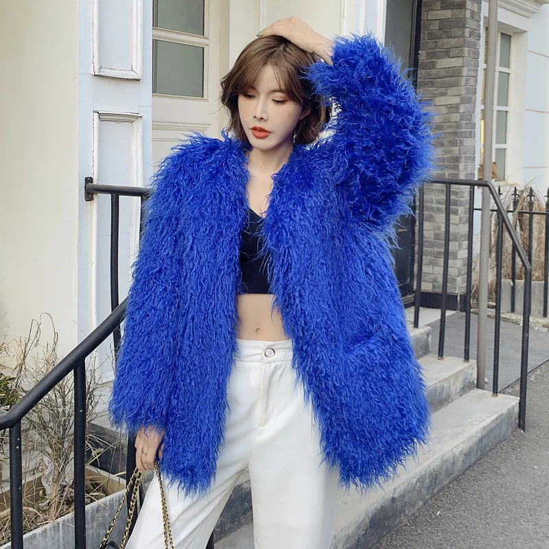 Faux Fur Imitation Jacket for Women Fluffy Overcoat Long V-neck Loose Wool Lamb Jacket Blue Mongolia Sheep Jacket Casual Clothes