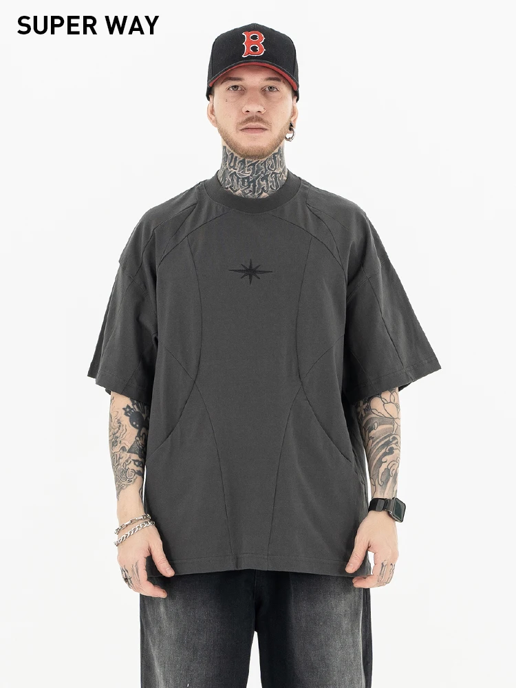 

Superway Original Design Mens T-Shirts Patchwork Embroidery Oversized Solid Short Sleeves Tops Casual Niche High Street Y2K Tees