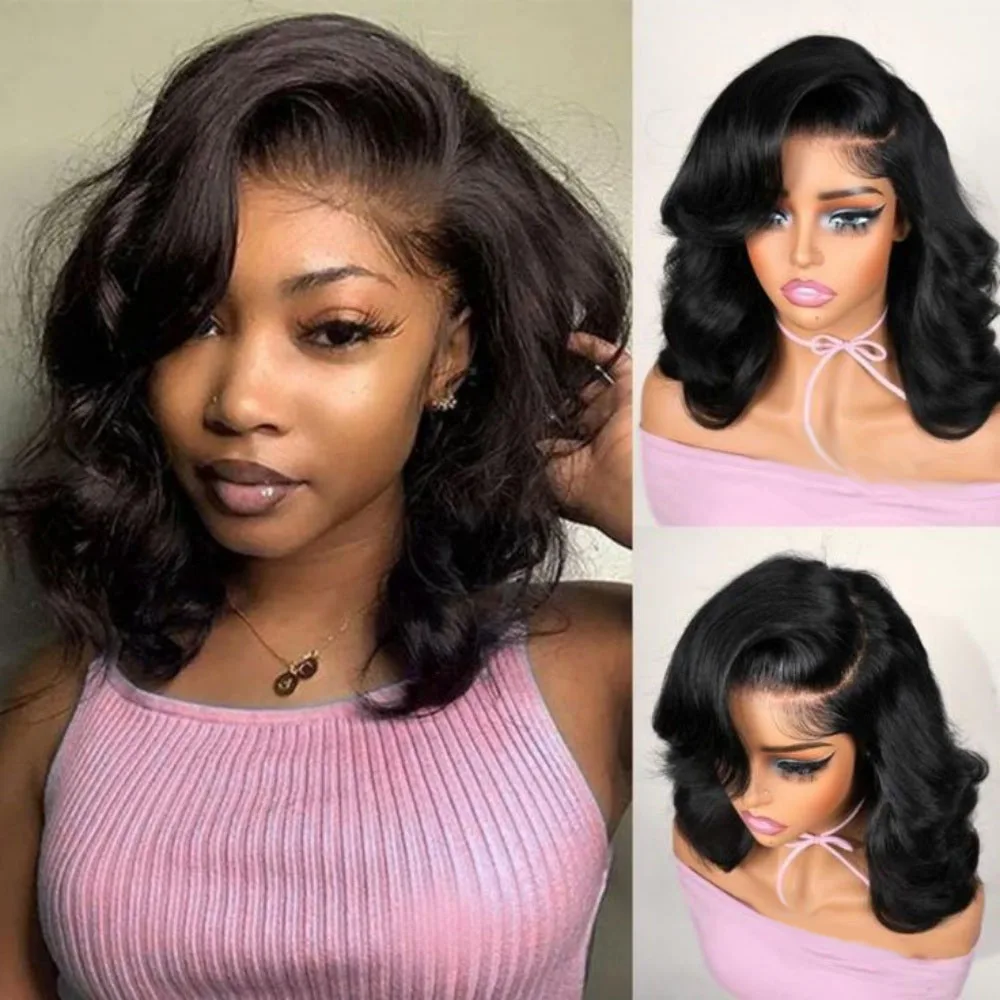

Бесклеевой парик Body Wave Bob, черный, плотность 180, человеческие волосы, готовый к ношению парик 13x4, кружевной фронтальный парик, предварительно вырезанный, без клея для женщин
