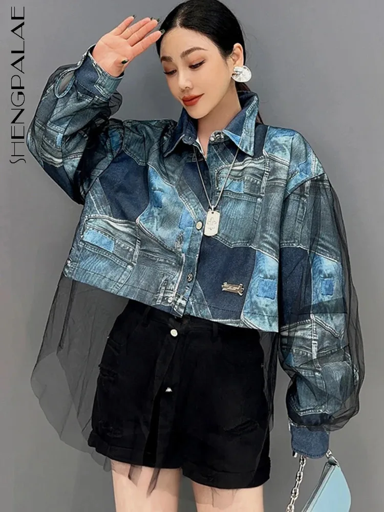 SHENGPALAE 2025 Spring New Printed Denim Shirt With Organza Long Sleeved Short Coat Design Fashionable Loose Women's Wear 5R9533