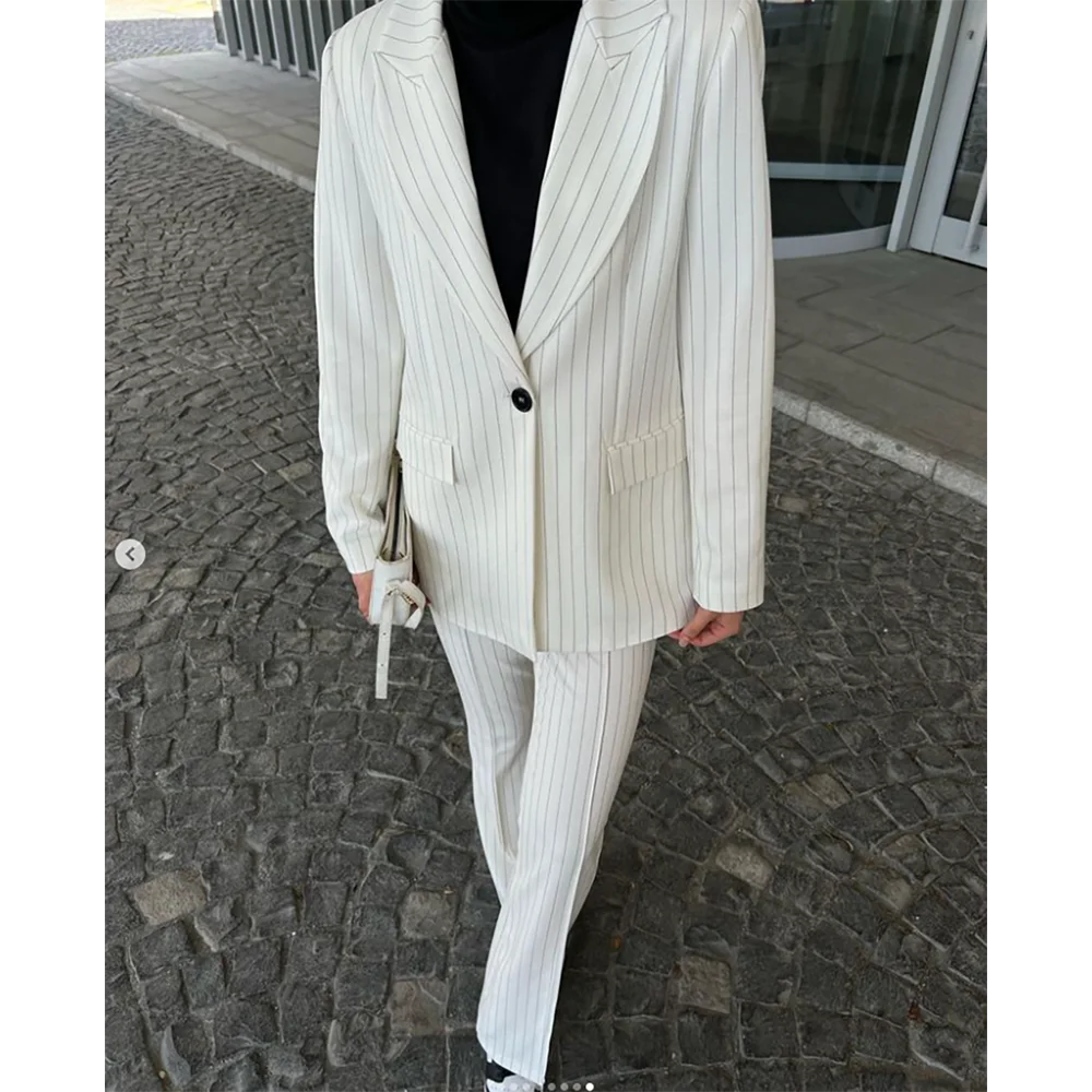 High Quality White Stripe Women Pants Set New Female Single Button Two Pieces(Blazer+Trousers) conjuntos para mujeres 2 piezas