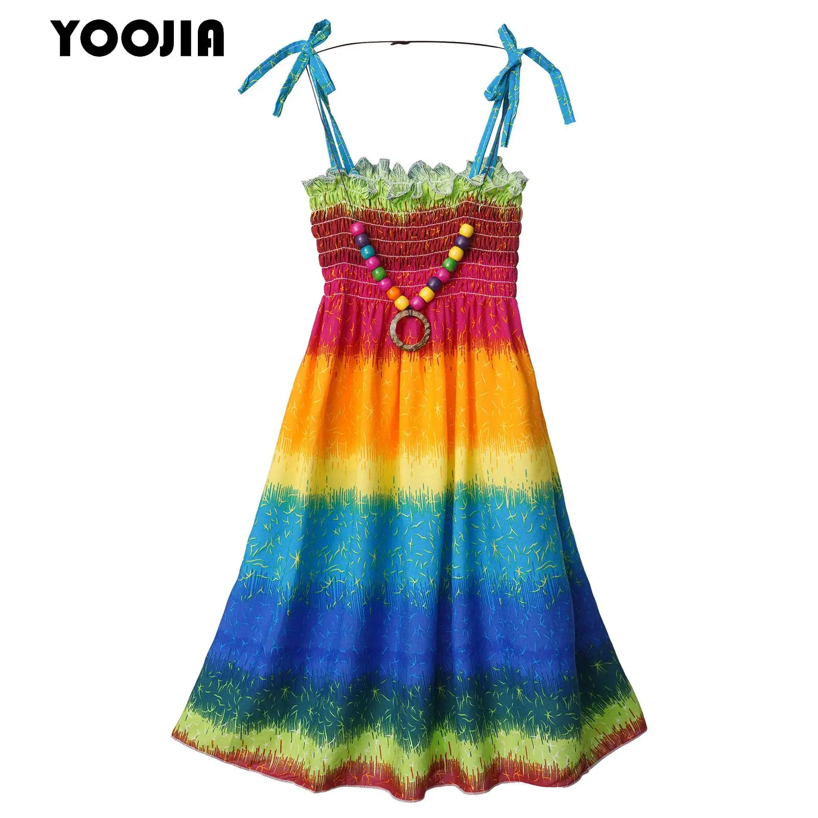 

Girls Bohemian Dresses Sleeveless Summer Dress Boho Beach Sun Dress Stretch High Waist Casual Dress with Necklace Princess Party