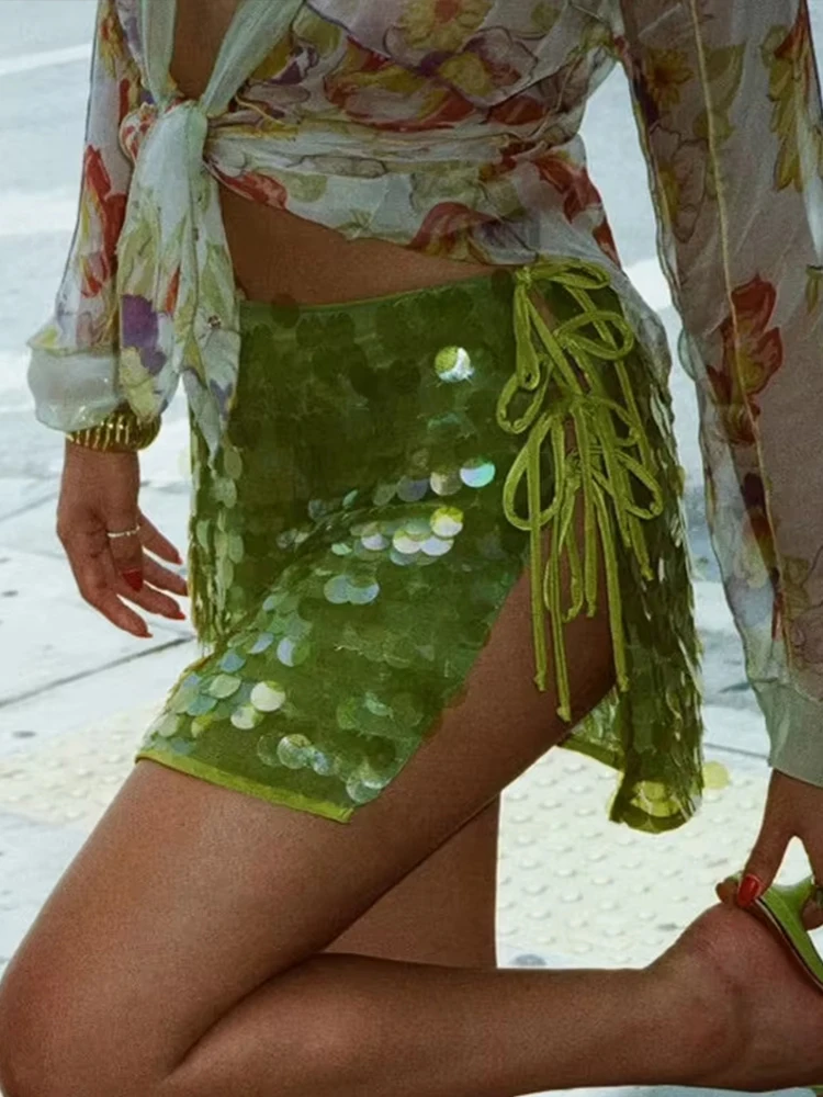 

Women Sequins Hollow Out Tie Up Mini Skirt Fashion High Waist Short Skirt Female Festival Glitter Sexy Club Party Ladies Skirts