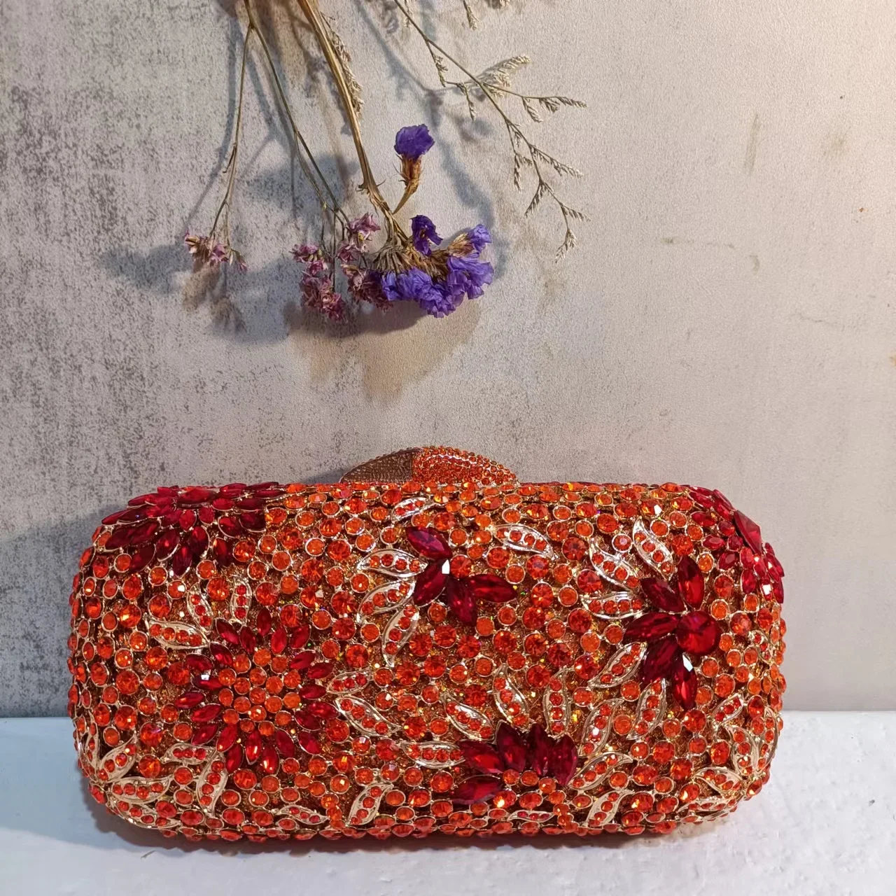 

Orange Hollow Out Flower Party Dinner Evening Bag Women Floral Diamond Banquet Gala Handbag Wedding Bridal Elegant Purse