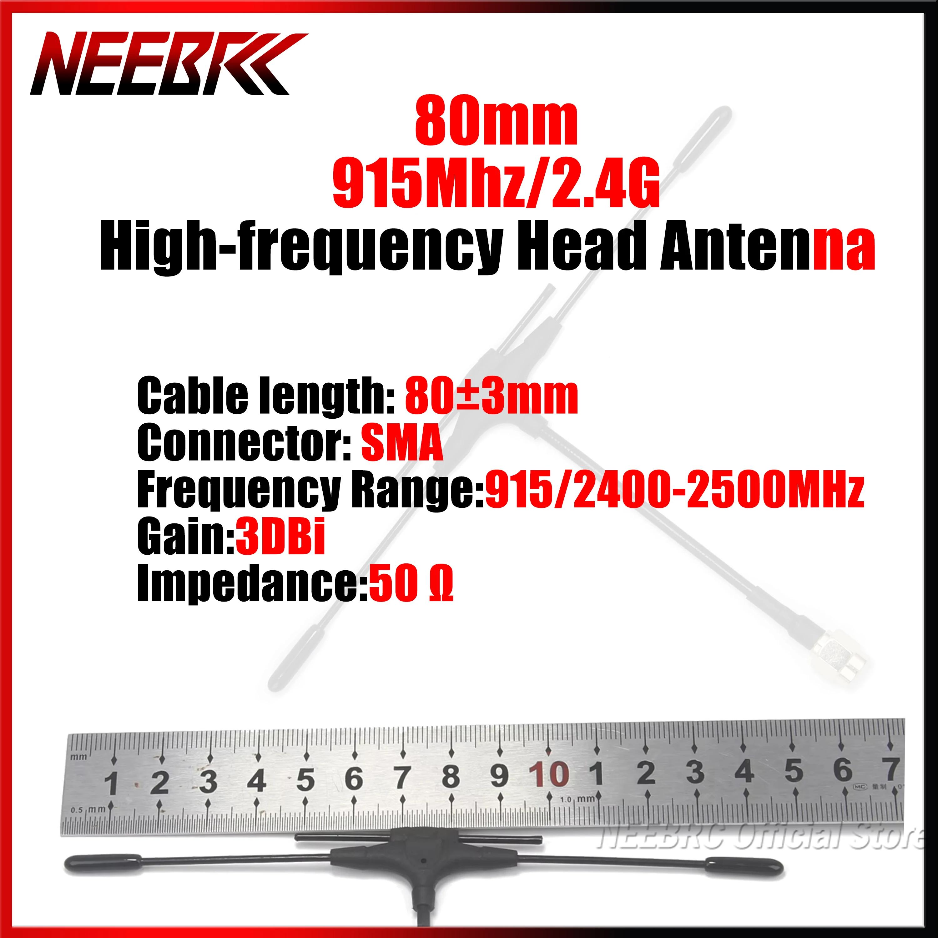 

80 мм 915 МГц/2.4 ГГц двухдиапазонная Т-образная высокочастотная антенна 3dBi с разъемом SMA (штекер) на кабеле RG405 для радиоуправляемых FPV-дронов и гоночных квадрокоптеров