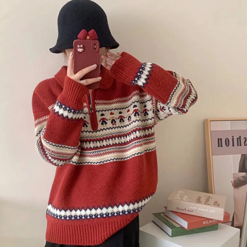 

Vintage Warm Sweater Womens Full Sleeve Sweaters Winter Ladies Striped Lapel Loose Female Jumpers 2023