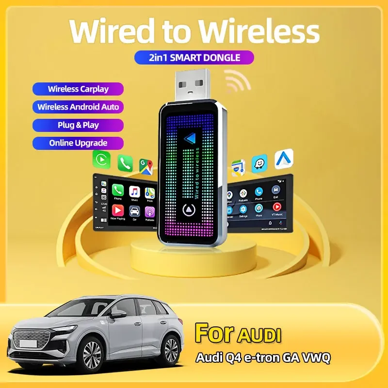 

Для Audi Q4 e-tron GA VWQ Новый 2в1 Mini CarPlay Box проводной к беспроводному CarPlay и Android Auto Smart box Для телефона iphone Android