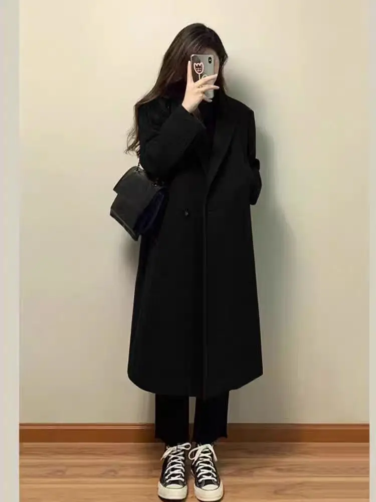 Women Herringbone Woolen Coat Big Lapel Tweed Overcoat Loose Fit Vintage Autumn Winter Outerwear