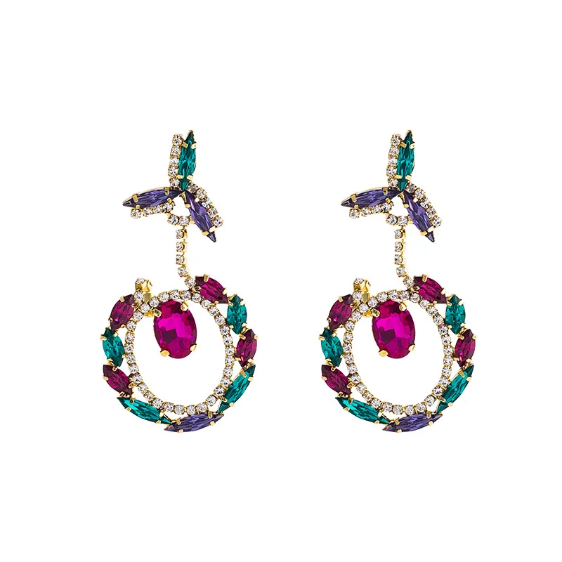 Fashion colored diamond clover crystal alloy inlaid rhinestone earrings trendy design ear jewelry wholesale