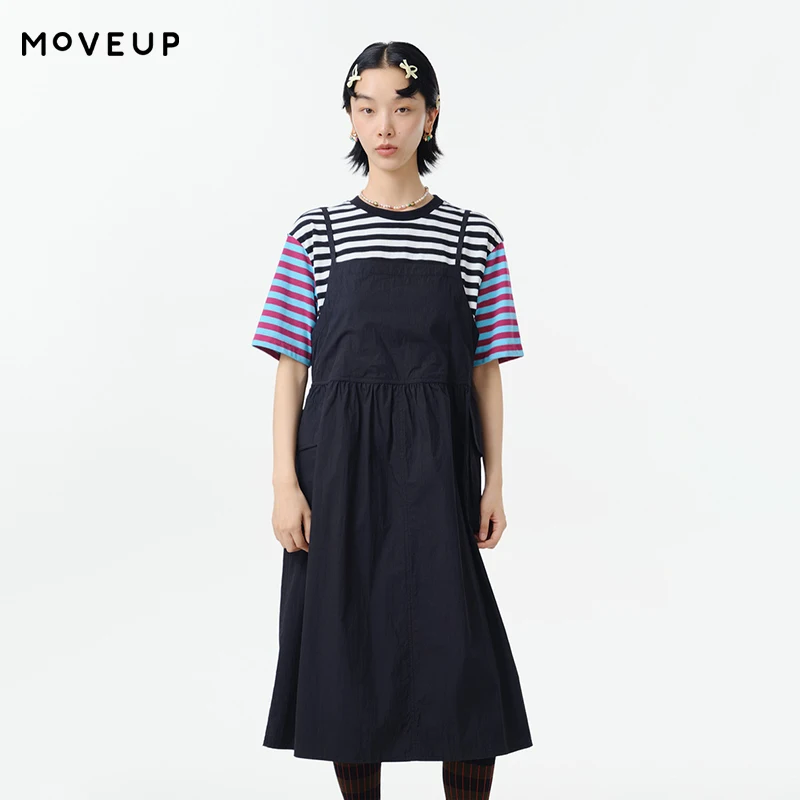 MOVEUP Short Sleeves Round Neck Dress 2026 Spring Striped Contrast Color False Two-Piece Casual Knitted Women Dress 325111328