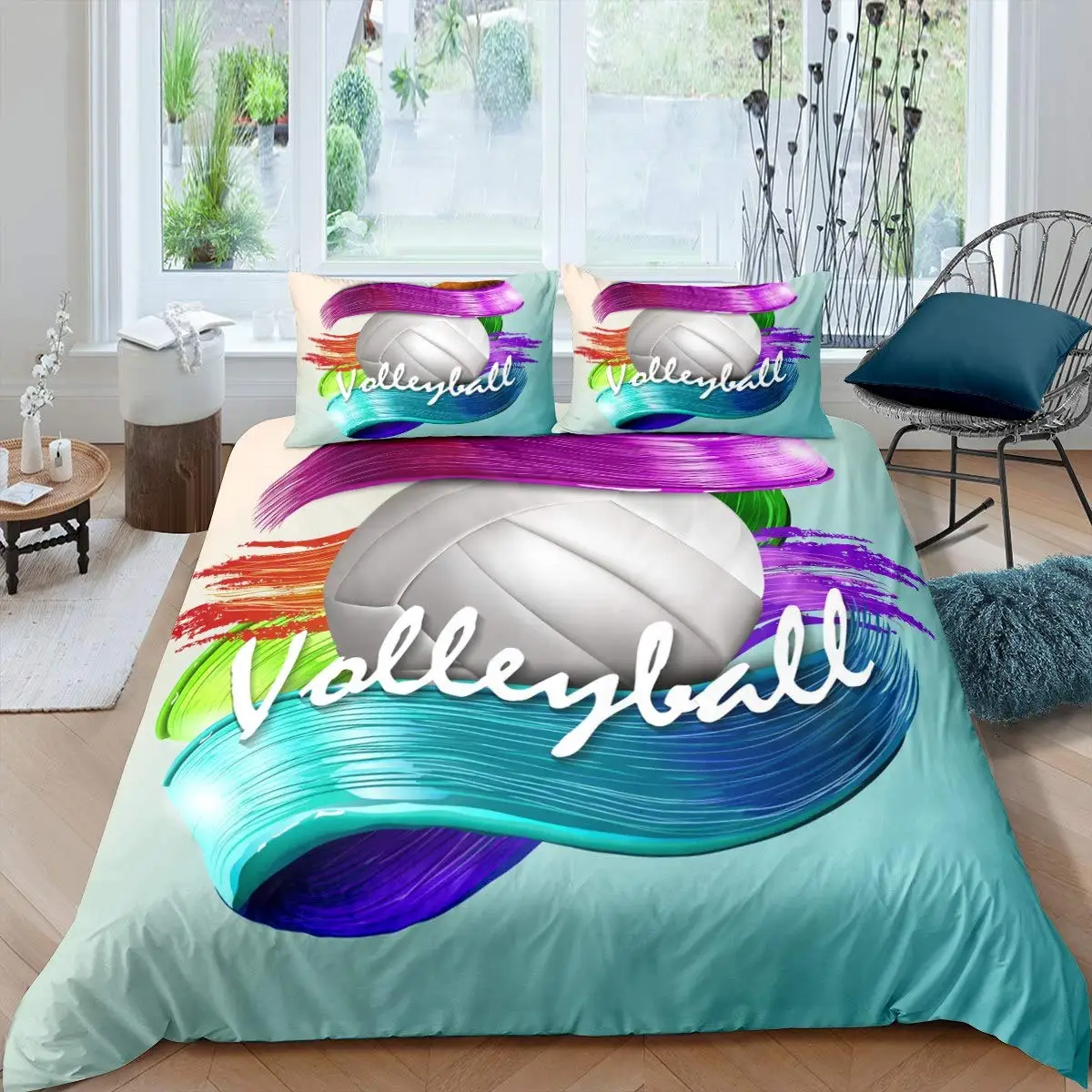 Volleyball Duvet Cover Set Microfiber Sports Ball Theme Fire And Water Blend Volleyball Twin Bedding Set Double Queen King Size