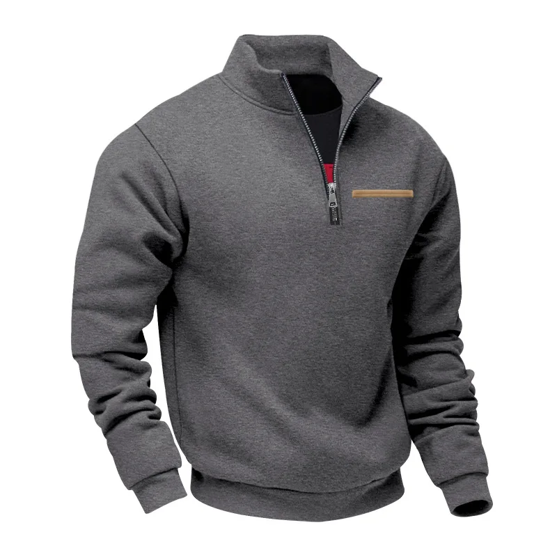 Amerikanischer Herbst- und Winter-Herrenpullover aus schwerem Fleece mit langen Ärmeln, halbem Reißverschluss, lockerem Schnitt und Stehkragen – Detail 32