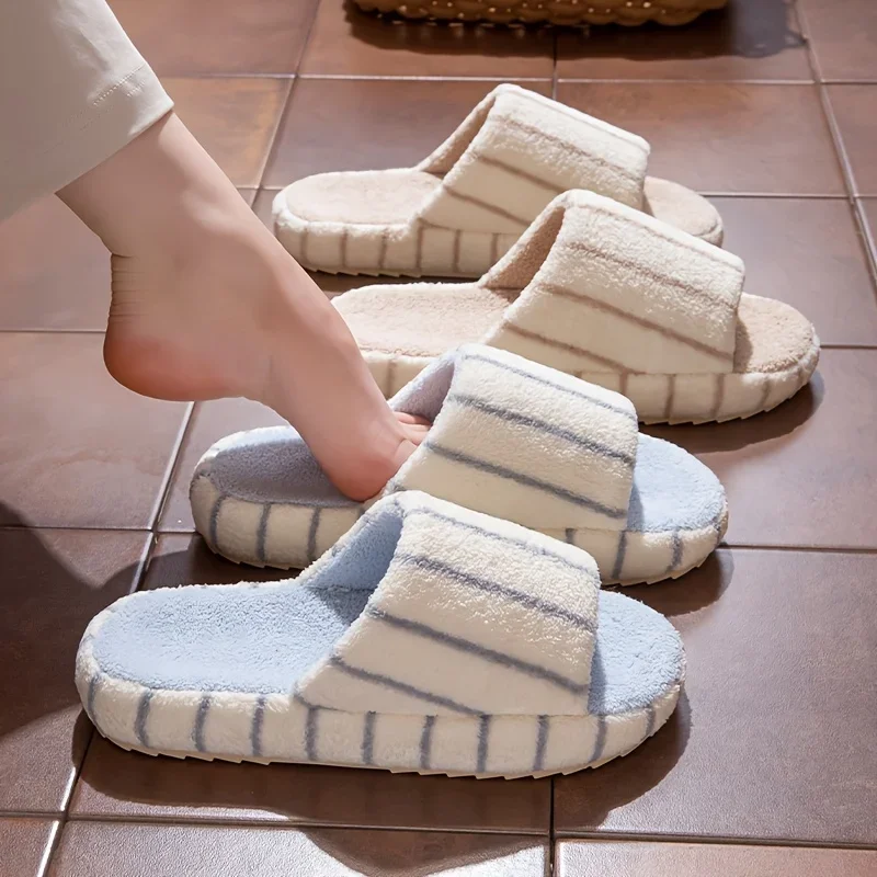 SHAJI Unisex Gestreifte Einfarbige Warme Plüsch-Hausschuhe, Ganzjahres-Flache Weiche Sohle, Leise, Weite Passform, Lässige Indoor- und Heim-Schuhe – Detail 4
