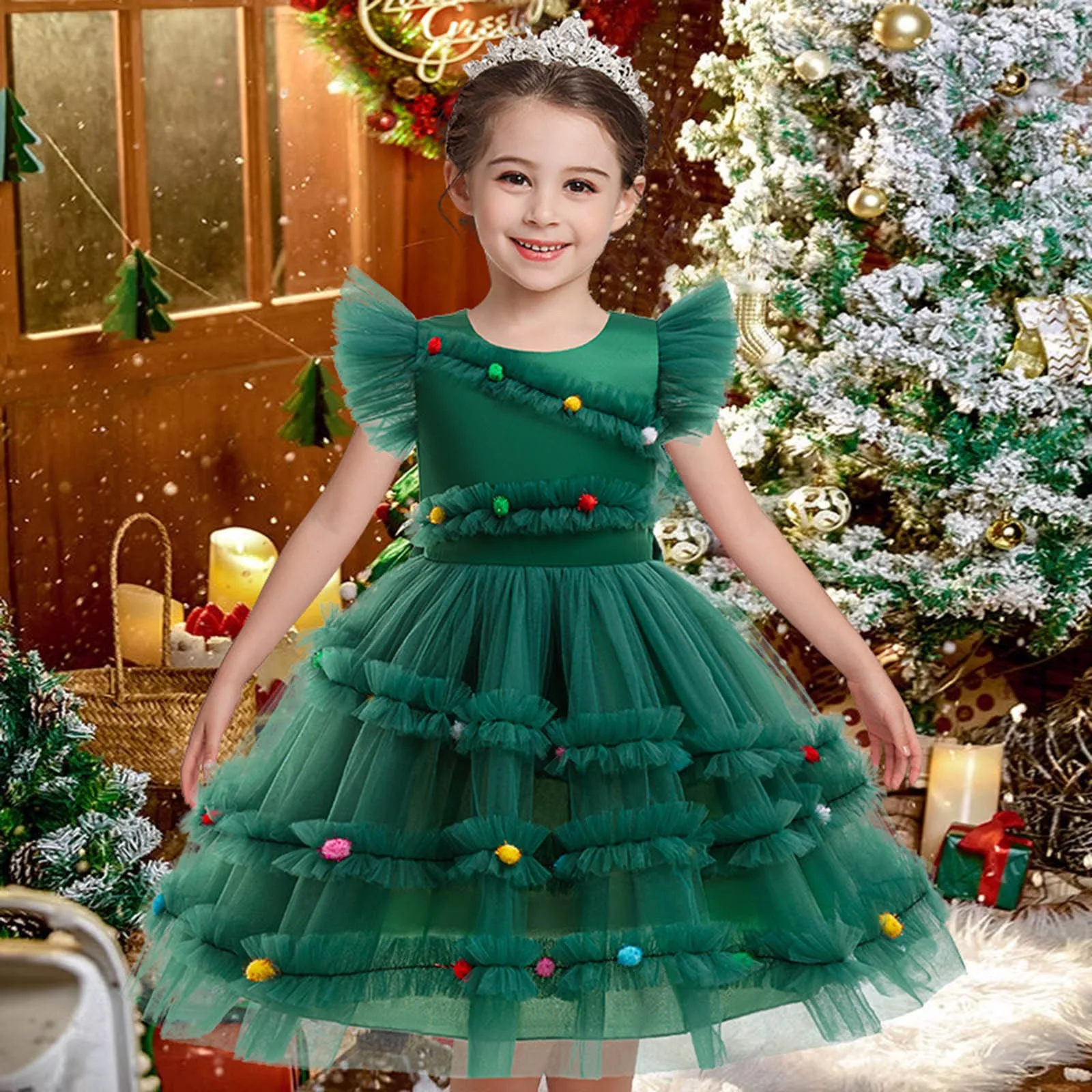 Xmas Girls Princess Dress Cute Christmas Tree Mesh Fashion Girls Dress Party Performance Costumes 2-10 Years New Kids Clothes