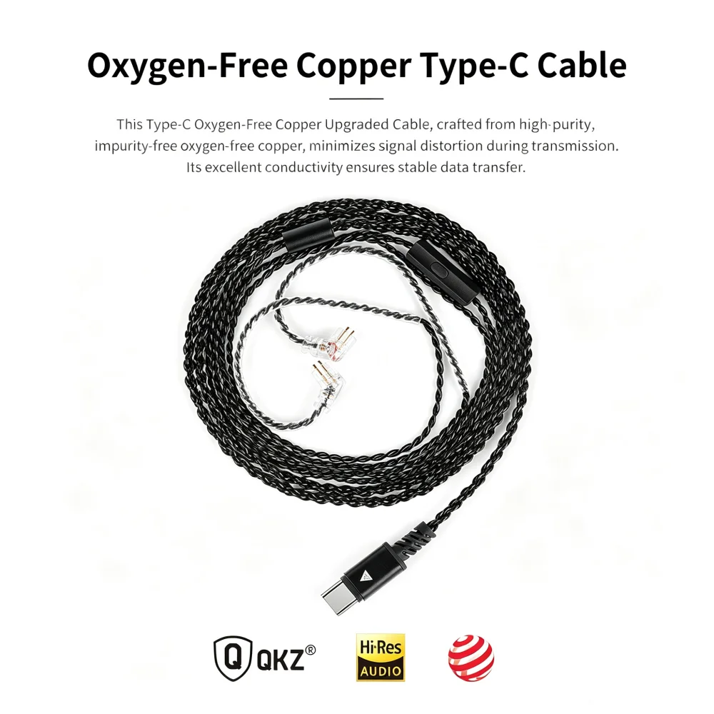 QKZ TC 100 QKZ TC100 Earphone Cable Type-C 2PIN 0.75mm Wired Headphones Replacement Upgraded Wire For KZ Earphones QKZ Headsets