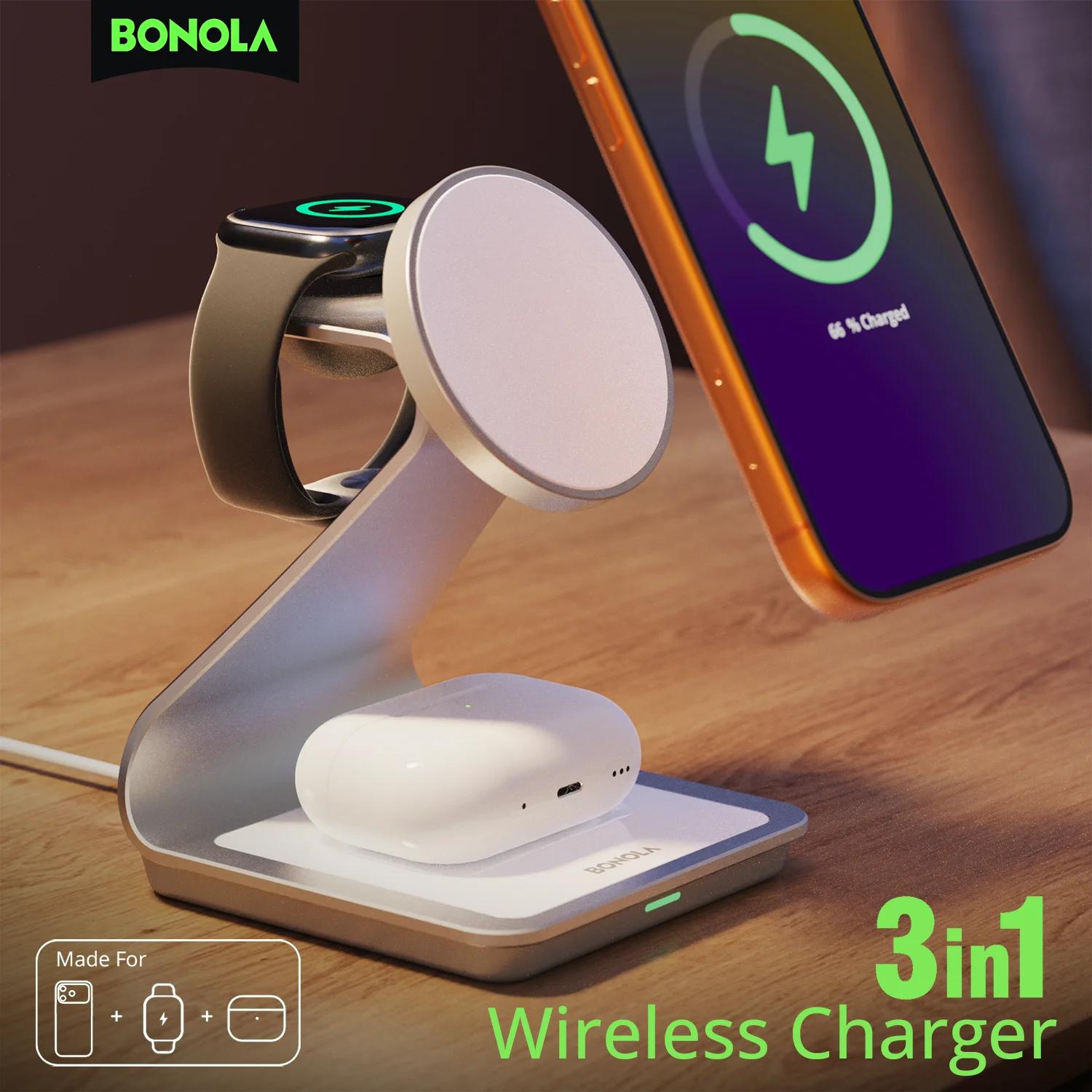 

Bonola Magnetic 3 in 1 Wireless Charger for iPhone 17/16/15/14/13 Pro 30W Wireless Charging Station for Apple Watch/AirPods Pro