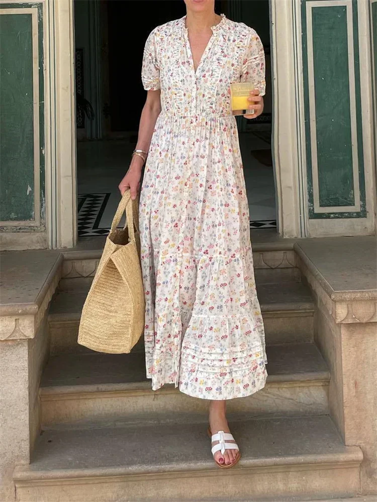 

2024 Summer French Colorful Flower Midi Dress Sweet Pleated Short Sleeve Holiday Countryside Style Layered Long Dresses