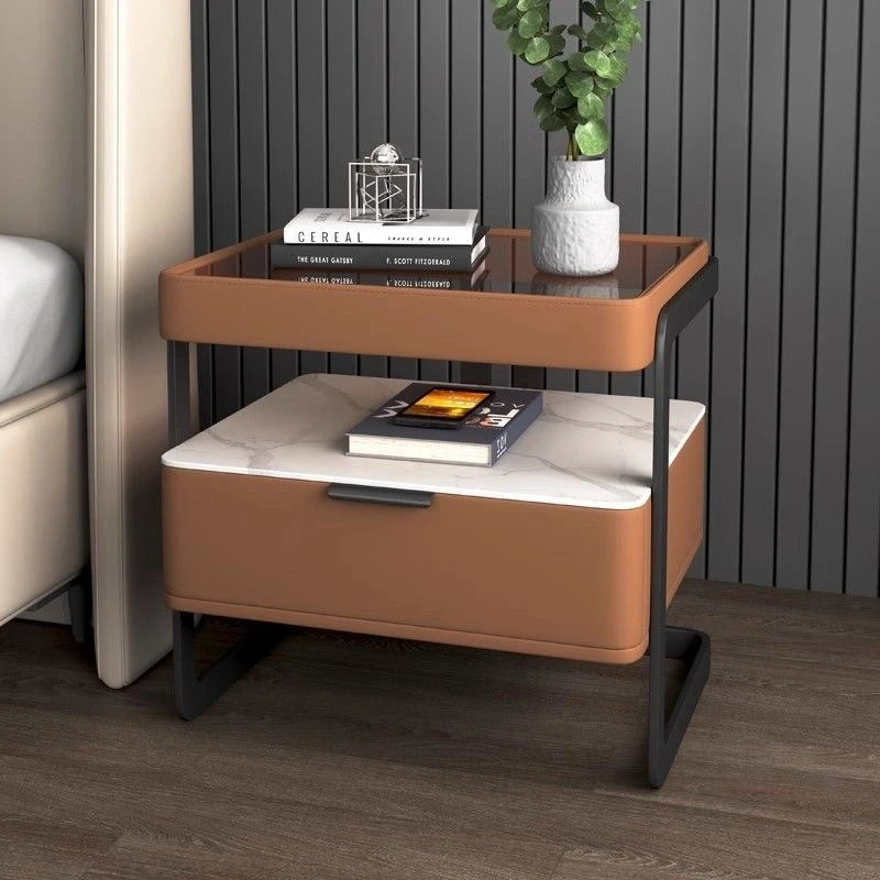 

bedside table wrought iron light luxury smart home new bedroom solid wood simple modern rock slab bedside table