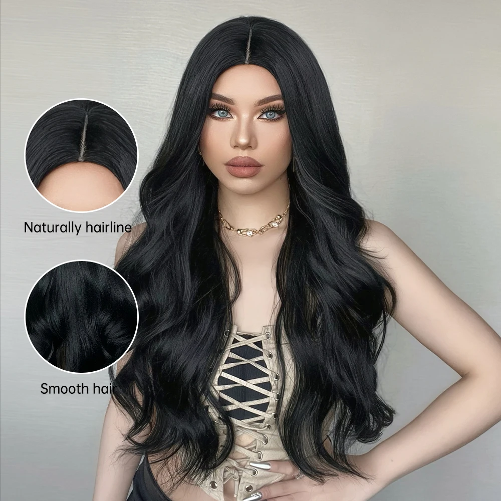 GEMMA Czarna Długa Falista Syntetyczna Peruka Naturalna Czarna Body Wave Peruki dla Kobiet Afro Cosplay Codzienne Włosy Środkowa Część Odporna Na