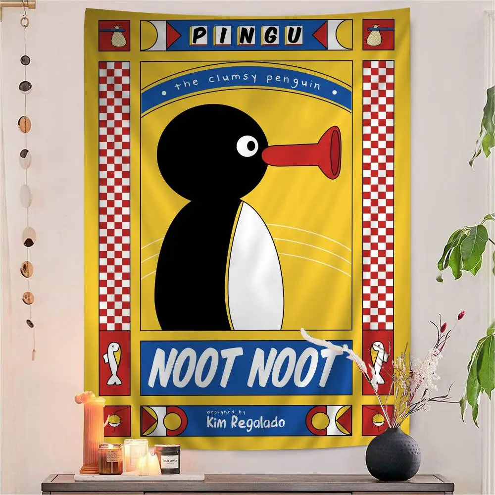 Cartoon Niedlicher P-Pingu Pinguin Bunter Wandteppich Wandbehang Böhmische Wandteppiche Mandala Wandbehang Blätter