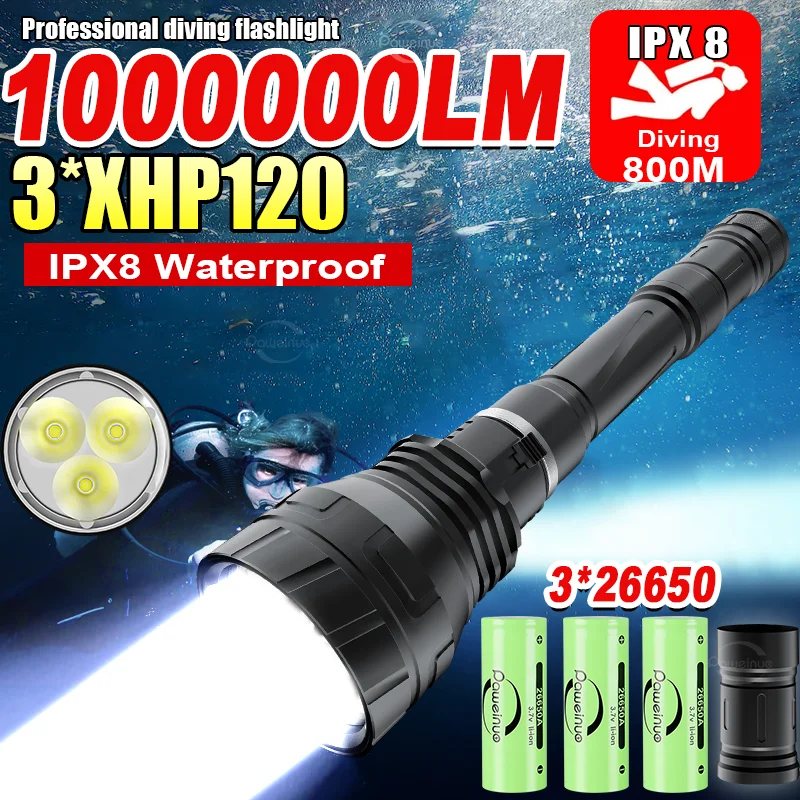 NEW 3*XHP120 Underwater Lantern IPX8 Diving flashlight 3*26650 Professional Scuba Diving Torch High Power Diving Waterproof Lamp