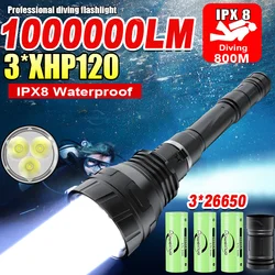 水中ダイビング懐中電灯、プロのスキューバトーチ、ハイパワー、防水ランプ、新品、3 x xhp120、ipx8、3x26650