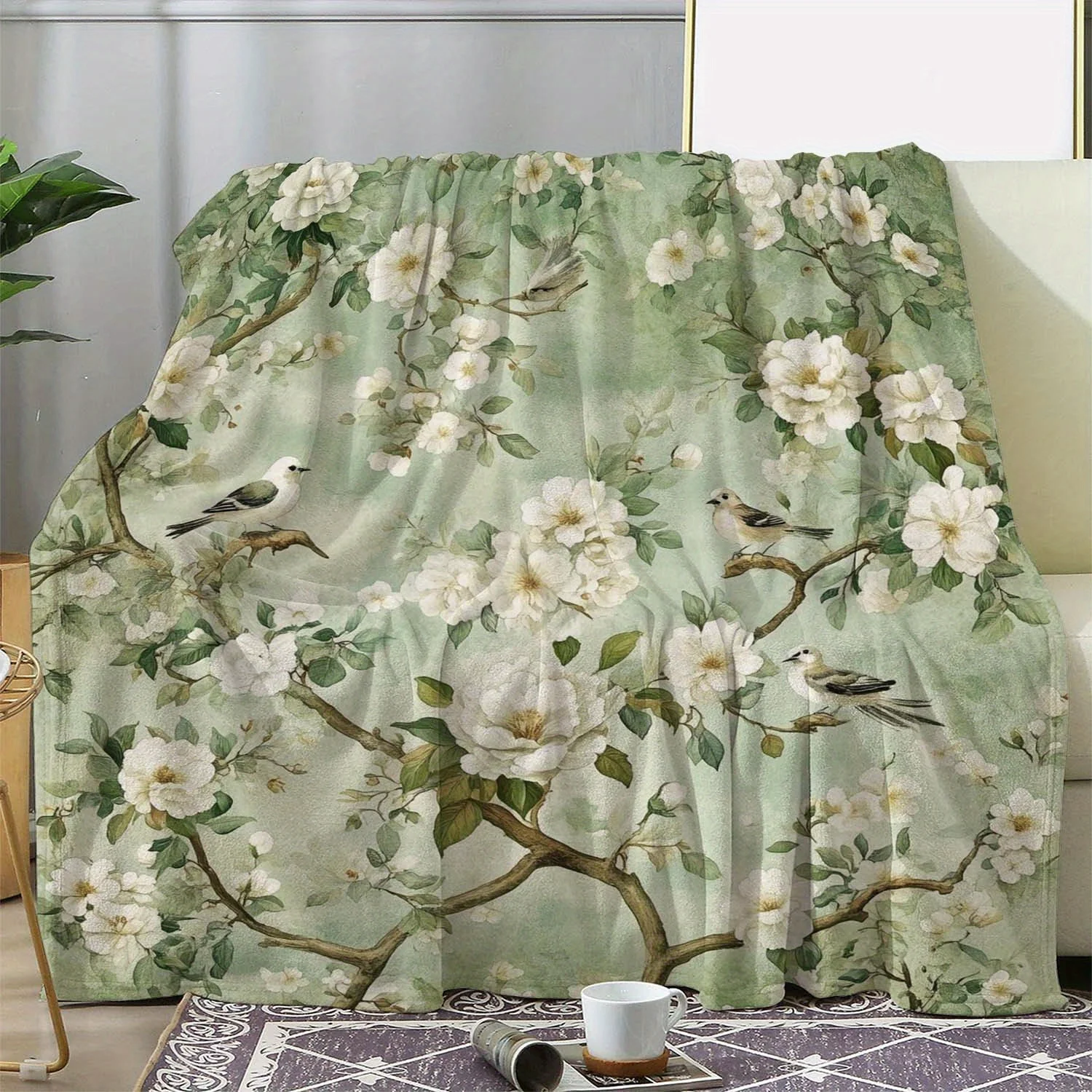 Floral and Bird Print Fleece Blanket - Soft Light Beige-Friendly, Full of Fresh Elegant Atmosphere, Suitable for Sofa/Bed/Casual